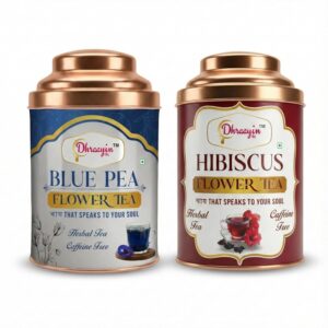 DHRAAYIN Herbal Combo Pack – Blue Pea Flower (50g) & Hibiscus Flower (50g) | 100% Natural, Caffeine Free | Antioxidant Rich | Daily Wellness & Refreshing Drink